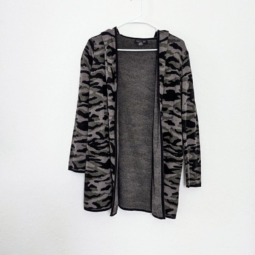 Women's Rachel Zoe Hooded Cardigan Sweater Green Black Camo Print Small Pockets